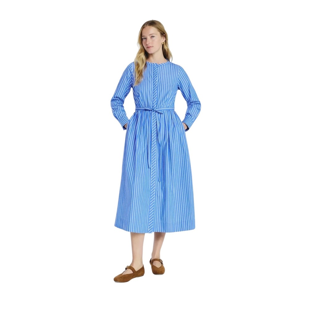 Free Assembly Pleated Cotton Midi Shirt Dress Long Sleeves Blue NWT Blogger Fav